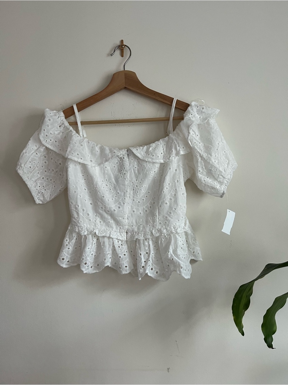 White Eyelet Off-Shoulder Peplum Top